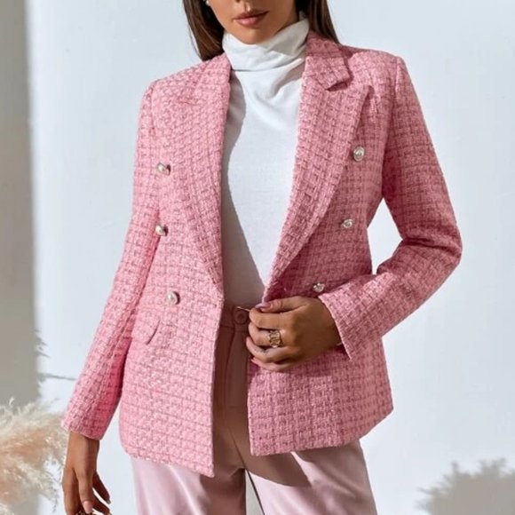 Classic Tweed Plaid Double Breasted Blazer Pink - Picture 5 of 6